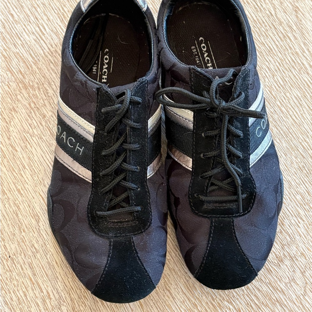 Coach Black Sneakers Branded Silver Strips Suede Accents. - Picture 3 of 7